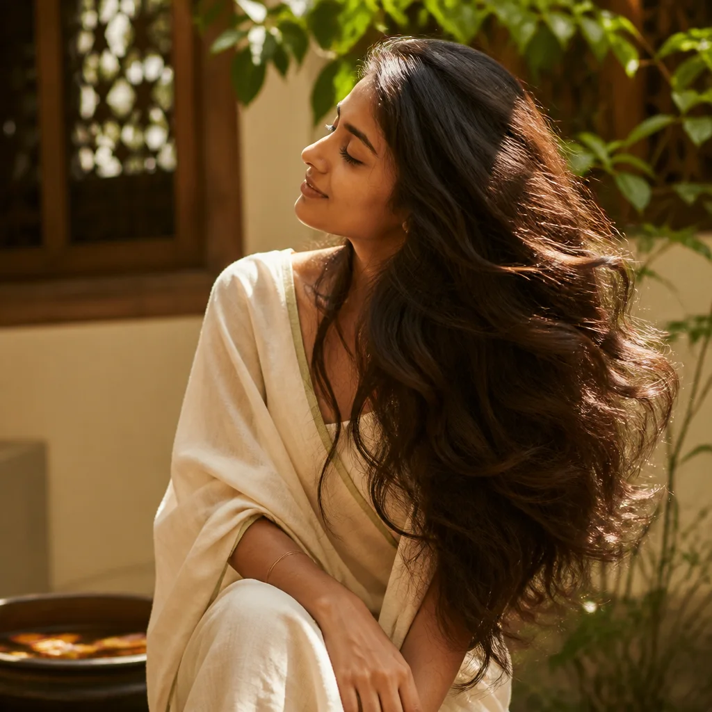 Natural hair texture in an elegant editorial wellness portrait